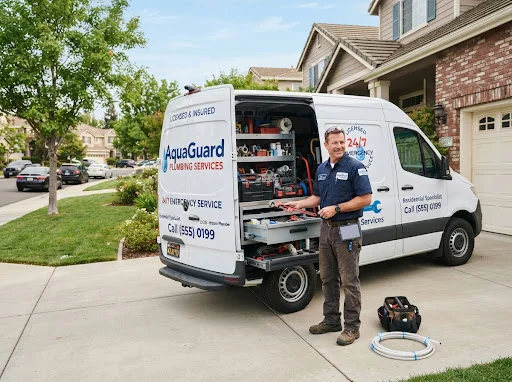 Professional local plumbing service truck and master plumber ready with tools in residential neighborhood