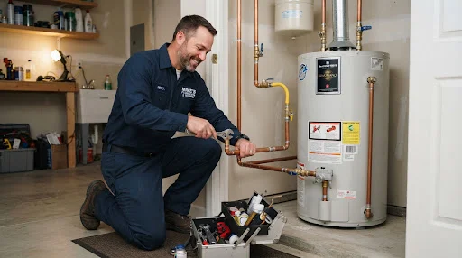 Mableton Master Plumber repairing water heater with precision trade tools